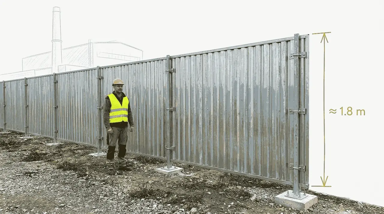 Ogrodzenie z blachy na stalowych słupkach przy zakładzie przemysłowym, wysokość ok. 1,8 m, obok pracownik w kasku